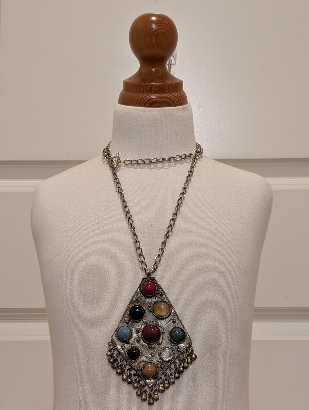 GUC Vintage Boho Silvertone Mix Stone Bell Necklace